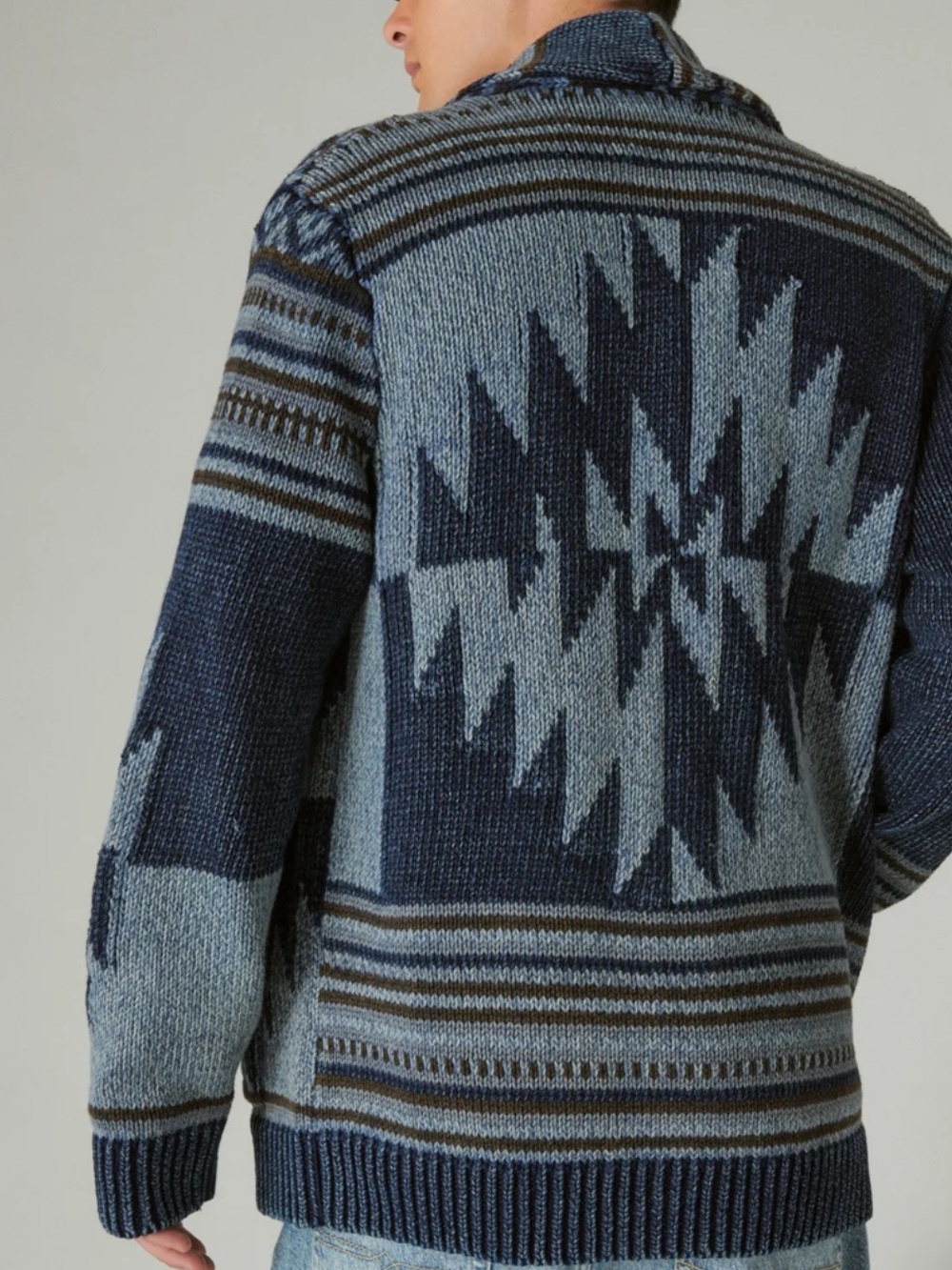 Lucky Brand Men's Southwestern Aztec Shawl Blue Patterned Knit Cardigan Sweater - Picture 3 of 10